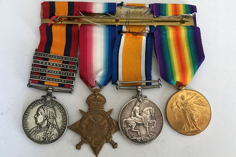 Lieutenant James Kennedy's service medals - Queen's South Africa Medal, 1914-1915 Star, British War Medal, Victory Medal